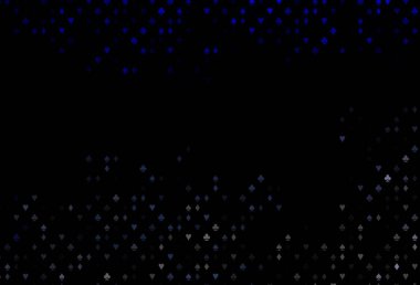 Kumarın sembolleriyle koyu mavi vektör örtüsü. Kalplerle, maça, sinek ve elmaslarla parlayan illüstrasyon. Poker oyunları ve etkinlikler broşürleri için desen.