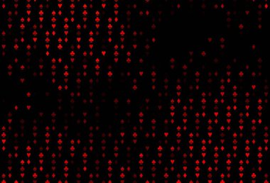 Koyu kırmızı vektör deseni ve kart sembolü. Kalplerle, maça, sinek ve elmaslarla parlayan illüstrasyon. Poker oyunları ve etkinlikler broşürleri için desen.