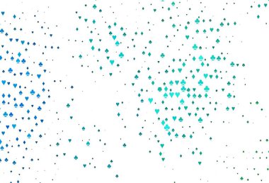 Açık mavi, kart işaretli yeşil vektör arkaplan. Renkli resimler, kalpler, maça, sinek, elmas. Kumarhanelerin kartvizitleri için şablon.
