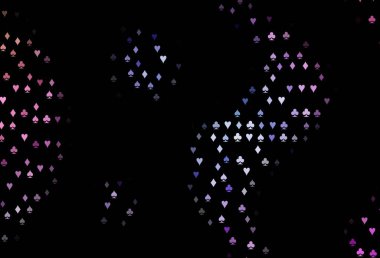 Koyu pembe, kumar sembolleriyle kaplı mavi vektör örtüsü. Kupa, maça, sinek ve elmasların olduğu bir resim. Poker oyunları ve etkinlikler broşürleri için desen.