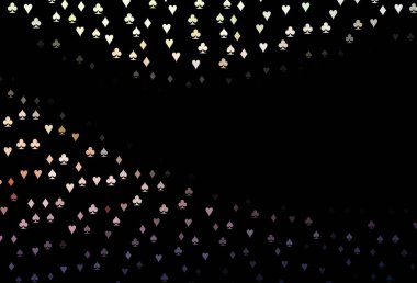 Koyu yeşil, kırmızı vektör düzeni ve kart elemanları. Kalplerin, maça, sinek ve elmasların işaretleriyle renkli bir değişim. Reklam, poster ve kumar siteleri için tasarım.