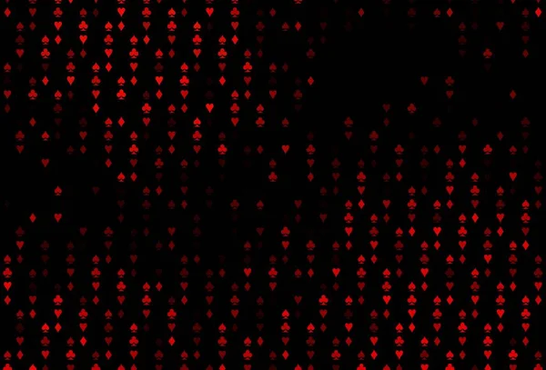 Koyu kırmızı vektör deseni ve kart sembolü. Kalplerle, maça, sinek ve elmaslarla parlayan illüstrasyon. Poker oyunları ve etkinlikler broşürleri için desen.