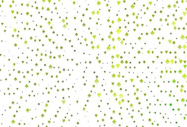 Poker sembollü açık yeşil vektör şablonu. Kalplerle, maça, sinek ve elmaslarla parlayan illüstrasyon. Poker oyunları ve etkinlikler broşürleri için desen.