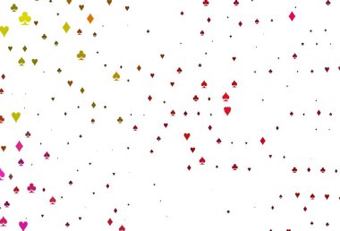 Açık Kırmızı, sarı vektör arkaplanı ve kart işaretleri. Renkli resimler, kalpler, maça, sinek, elmas. Vegas 'ta parti ilanları, etkinlikler.