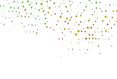 Açık yeşil, kart sembollü sarı vektör deseni. Kupa, maça, sinek ve elmasların olduğu bir resim. Poker oyunları ve etkinlikler broşürleri için desen.