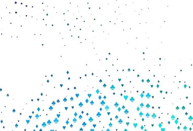 Açık mavi, kart işaretli yeşil vektör arkaplan. Oyun kartlarının izole sembollerine sahip soyut çizimler. Kumarhane reklamınız için akıllı tasarım.