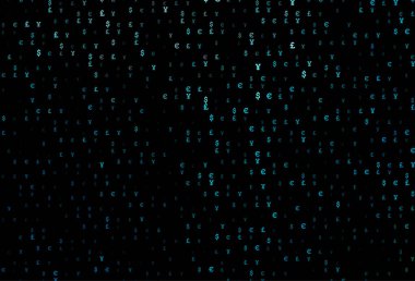 Euro, Yen, Pound ile koyu mavi vektör arkaplanı.