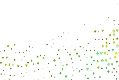 Açık yeşil, iskambil kağıtlı sarı vektör dokusu. Kalplerle, maça, sinek ve elmaslarla parlayan illüstrasyon. Kumarhanelerin kartvizitleri için şablon.