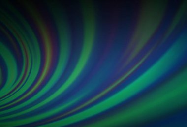 Koyu mavi, eğri kurdeleli yeşil vektör şablonu. Bulanık çizgiler ve dairelerden oluşan parlak çizimler. Web siteniz için mermer tasarımı.