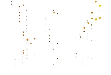 Açık Sarı, kart işaretli turuncu vektör arkaplanı. Oyun kartlarının izole sembollerine sahip soyut çizimler. Reklam, poster ve kumar siteleri için tasarım.