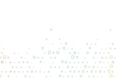 Açık Çokrenkli, diskleri ve dikdörtgenleri olan Gökkuşağı vektör dokusu. Soyut tarzda dekoratif tasarım, daireler, dikdörtgenler. Reklamlar, broşürler için desen.