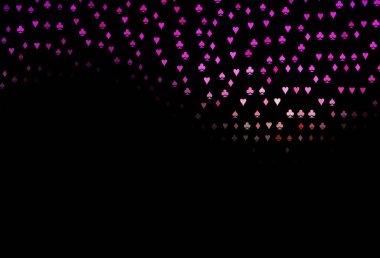 Koyu pembe, sarı vektör desenli, kart sembollü. Kalplerle, maça, sinek ve elmaslarla parlayan illüstrasyon. Kumarhanelerin kartvizitleri için şablon.
