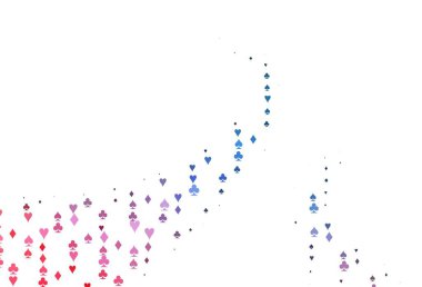 Açık mavi, iskambil kağıtlı kırmızı vektör dokusu. Renkli resimler, kalpler, maça, sinek, elmas. Poker oyunları ve etkinlikler broşürleri için desen.