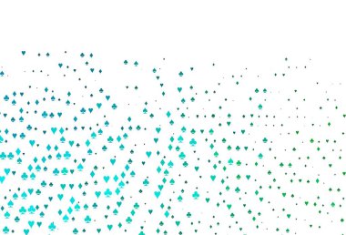 Açık mavi, iskambil kağıtlı yeşil vektör dokusu. Kalplerle, maça, sinek ve elmaslarla parlayan illüstrasyon. Vegas 'ta parti ilanları, etkinlikler.