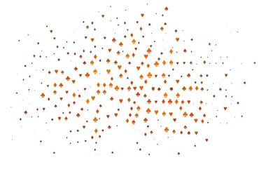 İskambil kağıtlarıyla açık turuncu vektör dokusu. Kalplerle, maça, sinek ve elmaslarla parlayan illüstrasyon. Vegas 'ta parti ilanları, etkinlikler.