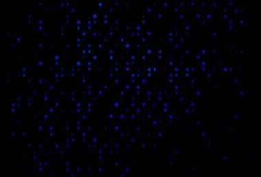 Oyun kartlarıyla koyu mavi vektör dokusu. Kalplerin, maça, sinek ve elmasların bulanık dekoratif tasarımı. Kumarhanelerin kartvizitleri için şablon.