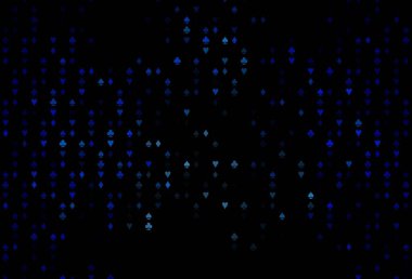 Koyu mavi vektör desenli, kart sembollü. Kalplerle, maça, sinek ve elmaslarla parlayan illüstrasyon. Poker oyunları ve etkinlikler broşürleri için desen.