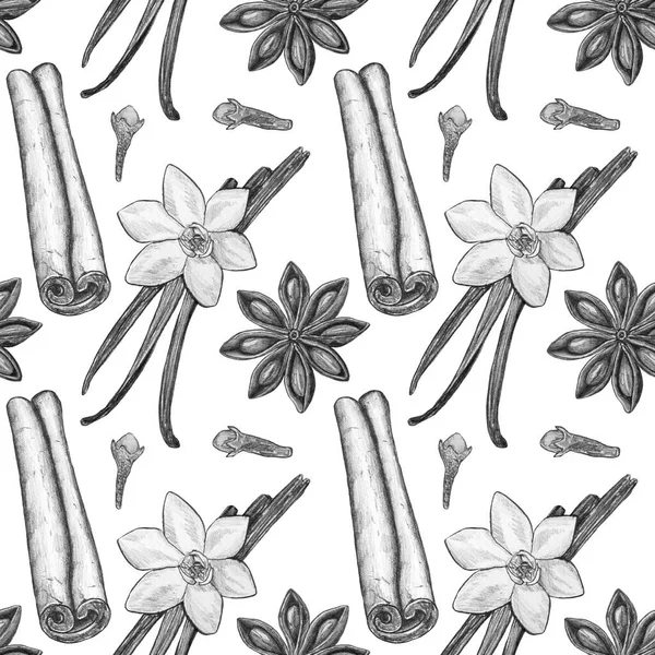Seamless pattern, illustration drawn in pencil on a white background. Vanilla pod, cinnamon, star anise, cloves. Illustration for flyer, poster, wallpaper, web, invitation, greeting card, menu.