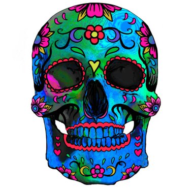 Kafatası, Ölüler Günü onuruna boyanmıştır. Meksika motifleri ya da cadılar bayramı. Üstteki parlak desen. Beyaz bir arkaplanda izole edilmiş.