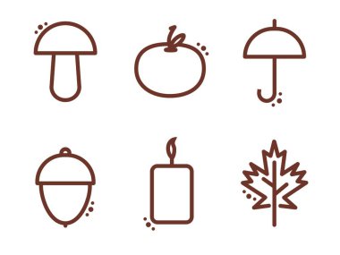 Sonbahar ve sonbahar öğeleri temalı VECTOR grafikleri, çizgi sanat simgeleri. Beyaz arka planda izole edilmiş. Yaprak, fındık ve hava ve seyahatin bir yansıması. Sıcacık ve serin sonbahar ikonları.