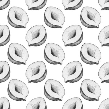 Kusursuz desen, beyaz arka planda izole edilmiş kurşun kalemle çizilmiş resim. Gerçekçi fındık. Broşür, poster, duvar kağıdı, ağ, davetiye, tebrik kartı, menü.