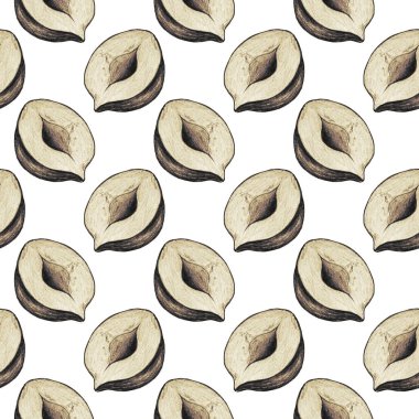 Kusursuz desen, beyaz arka planda izole edilmiş kurşun kalemle çizilmiş resim. Gerçekçi fındık. Broşür, poster, duvar kağıdı, ağ, davetiye, tebrik kartı, menü.