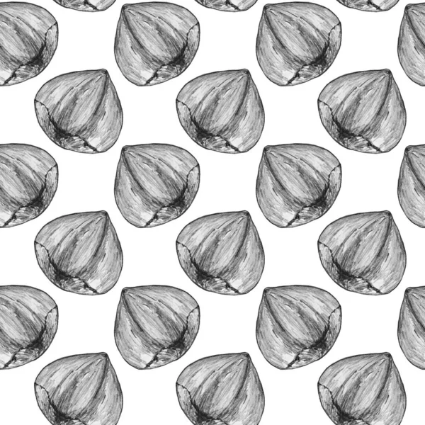 Seamless pattern, illustration drawn in pencil on a white background isolated. Realistic hazelnut. Illustration for flyer, poster, wallpaper, web, invitation, greeting card, menu.