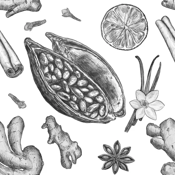 Patrón Sin Costuras Ilustración Dibujada Lápiz Sobre Fondo Blanco Cacao — Foto de Stock