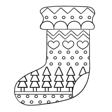 Yeni yıl ve Noel teması. Örgü çorap ve desenler. Çocuklar ve yetişkinler için serbest boyama. Şablonları ve küçük detayları olan güzel çizimler. Boyanmış resimlerden biri..