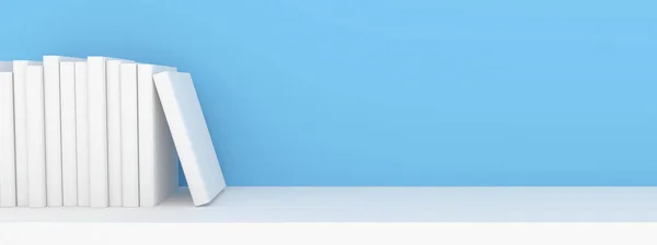 3D Sahne Afişi Kitapları mavi arkaplandaki beyaz kitaplığa yerleştirildi / 3D Render