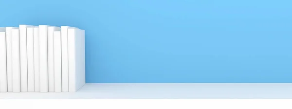 3D Sahne Afişi Kitapları mavi arkaplandaki beyaz kitaplığa yerleştirildi / 3D Render