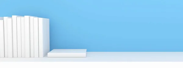 3D Sahne Afişi Kitapları mavi arkaplandaki beyaz kitaplığa yerleştirildi / 3D Render