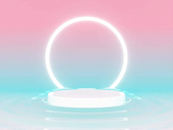 3D Sahne - Sahne Arkaplanda bir neon çember var. / 3B Hazırlama