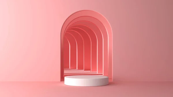 3D Sahne - Beyaz silindirik palet Arka plan birkaç kapı. Pastel pembe duvarlar / 3D Render