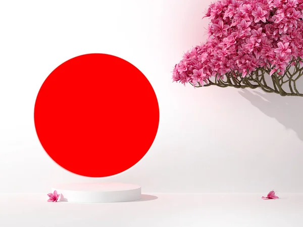 Japon stili gösterim standı sakura ağaçları ve yapraklar / 3D render