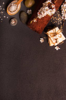 Bahar Spa Konsept: deniz tuzu, çiçekli kiraz dallar, havlu, sabun. Üstten Görünüm. 