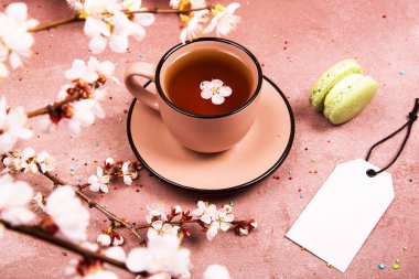 Bir fincan çay bahar dekorasyonu. Yukarıdan görüntüleyin. Metin için yer.