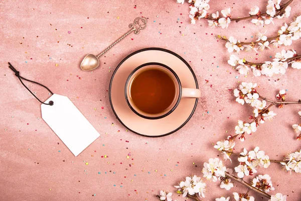 Eine Tasse Tee Der Frühlingsdekoration Blick Von Oben Platz Für — Stockfoto