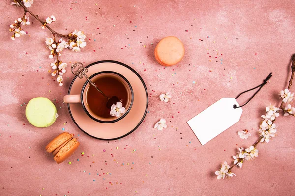 Une Tasse Thé Dans Décoration Printemps Vue Haut Place Pour — Photo