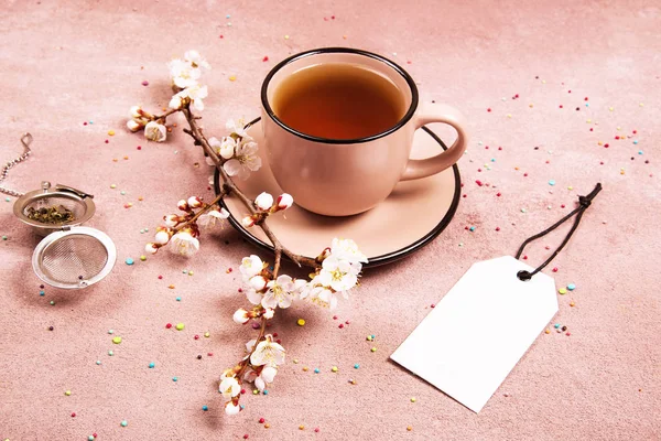 Eine Tasse Tee Der Frühlingsdekoration Blick Von Oben Platz Für — Stockfoto