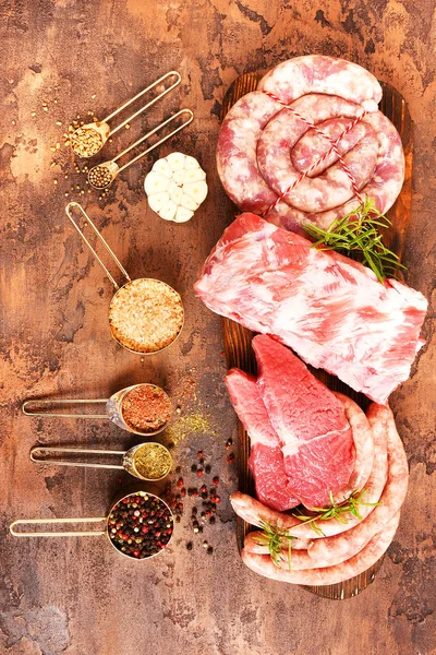 Carne Proaspătă Condimente Set Grătar Vedere Sus — Fotografie, imagine de stoc