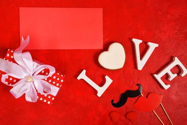 Word Love Heart Bright Red Background View Place Text — Stock Photo, Image