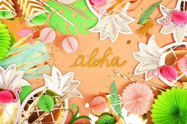 Festive background. Tropical theme. Hawaii. Party, birthday. View from above. Flat lay. clipart