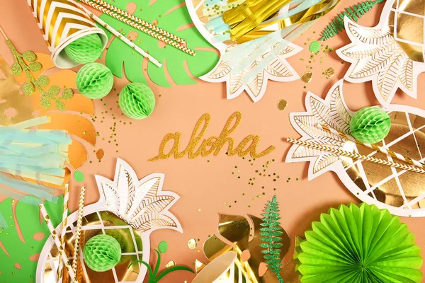 Festive background. Tropical theme. Hawaii. Party, birthday. View from above. Flat lay.