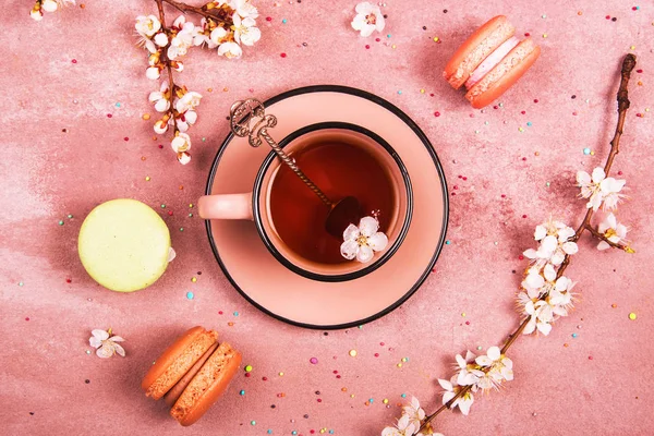 Una Taza Decoración Primavera Vista Desde Arriba Lugar Para Texto —  Fotos de Stock