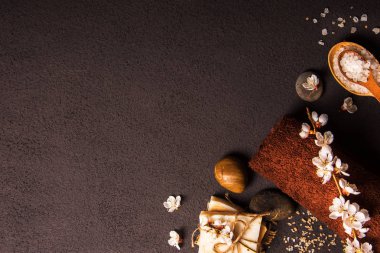 Bahar Spa Konsept: deniz tuzu, çiçekli kiraz dallar, havlu, sabun. Üstten Görünüm.