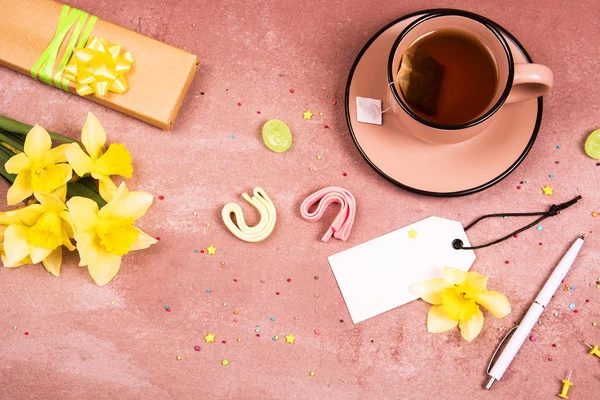 Eine Tasse Tee Der Frühlingsdekoration Blick Von Oben Platz Für — Stockfoto