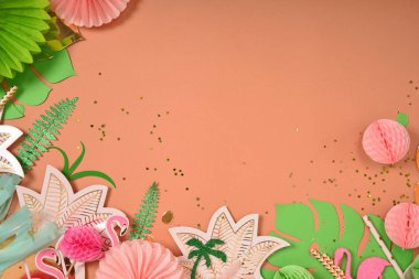 Festival arka plan. Tropikal Tema. Yaz. Hawaii. Parti, doğum günü. Yukarıdan görüntüleyin. Düz yatıyordu.