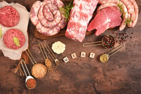 Carne Proaspătă Condimente Set Grătar Vedere Sus — Fotografie, imagine de stoc
