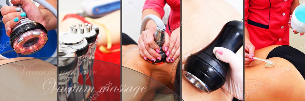  Vacuum massage. Hardware cosmetology. Body care. Non surgical body sculpting. anti-cellulite and anti-fat therapy in beauty salon. Large collage with different parts of the body.